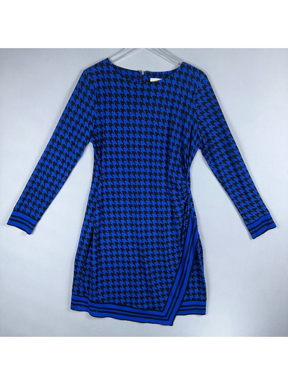 Michael Michael Kors Sheath Dress Womens Size L Blue Black Houndstooth Faux Wrap